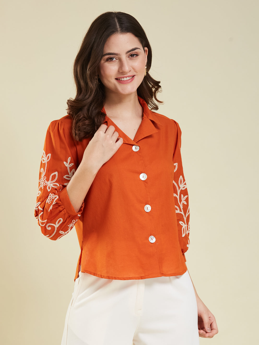 Orange Cotton Embroidered Shirt for Women