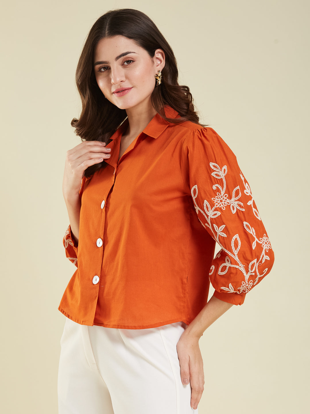 Orange Cotton Embroidered Shirt for Women