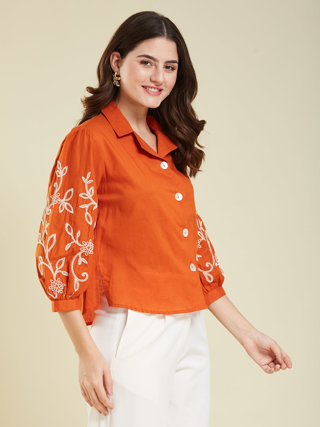 Orange Cotton Embroidered Shirt for Women