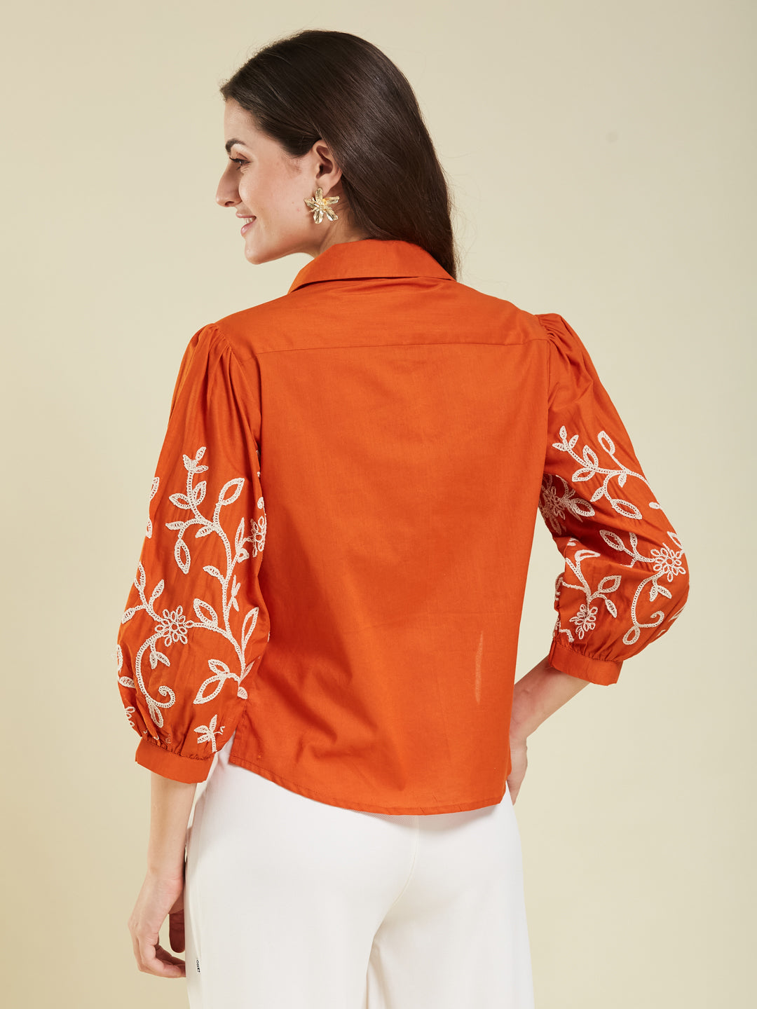 Orange Cotton Embroidered Shirt for Women
