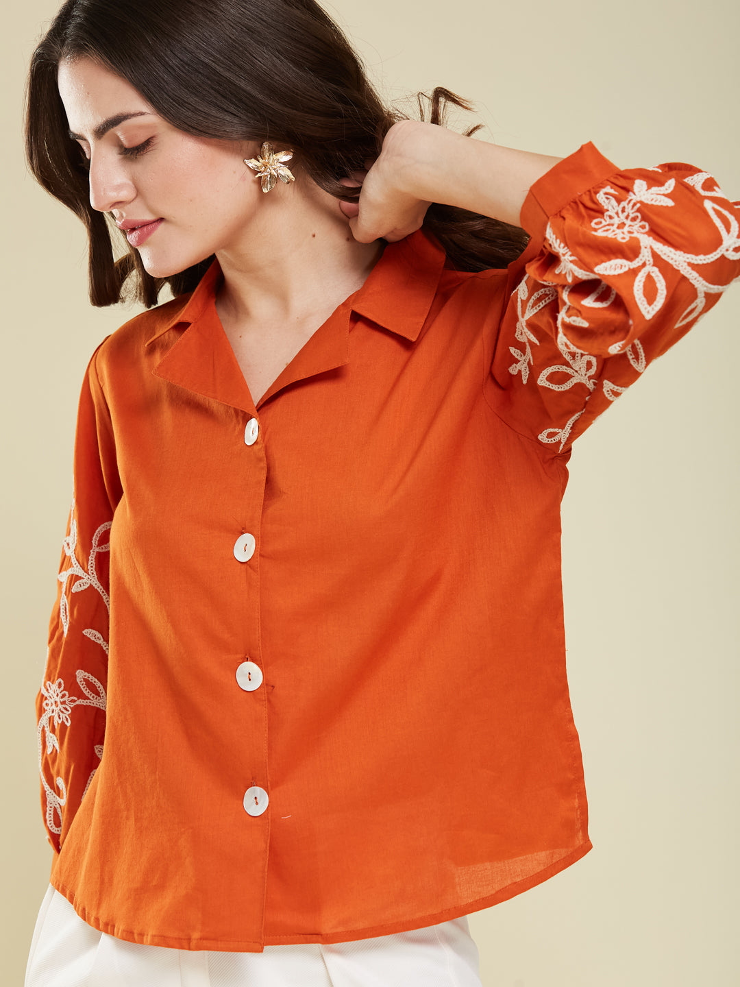 Orange Cotton Embroidered Shirt for Women