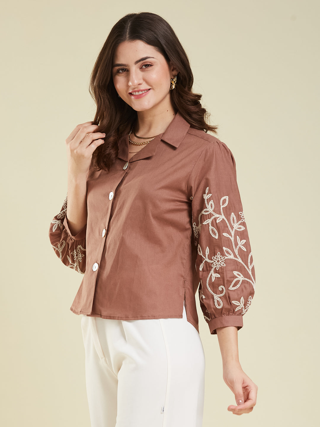 Brown Cotton Embroidered Shirt for Women