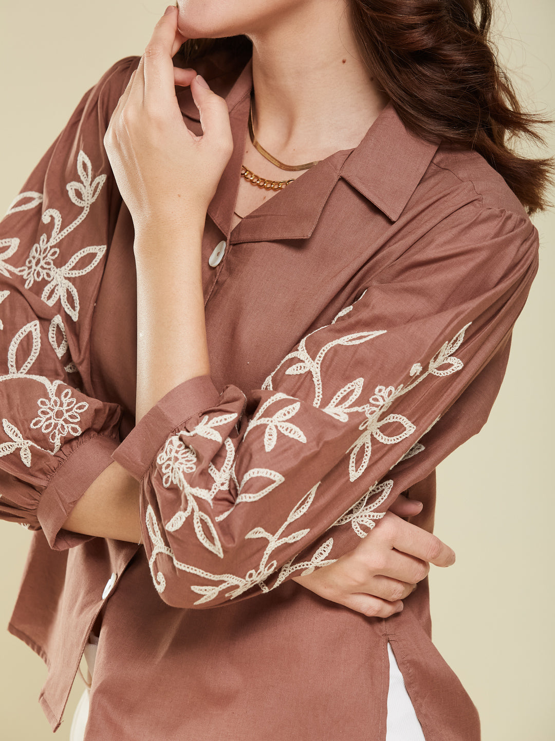 Brown Cotton Embroidered Shirt for Women