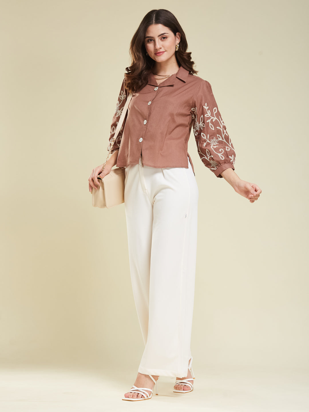 Brown Cotton Embroidered Shirt for Women