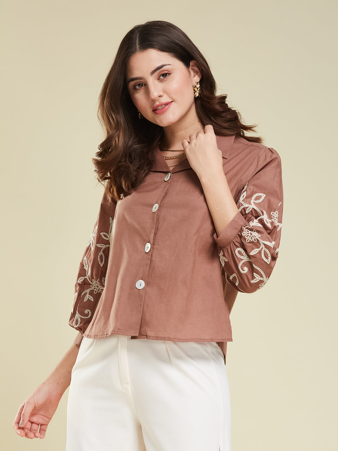 Brown Cotton Embroidered Shirt for Women