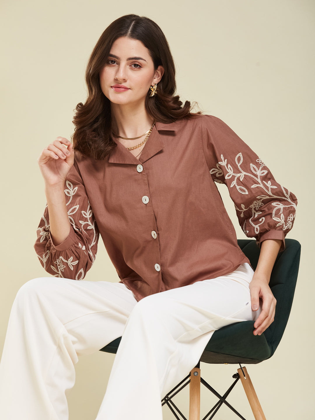 Brown Cotton Embroidered Shirt for Women