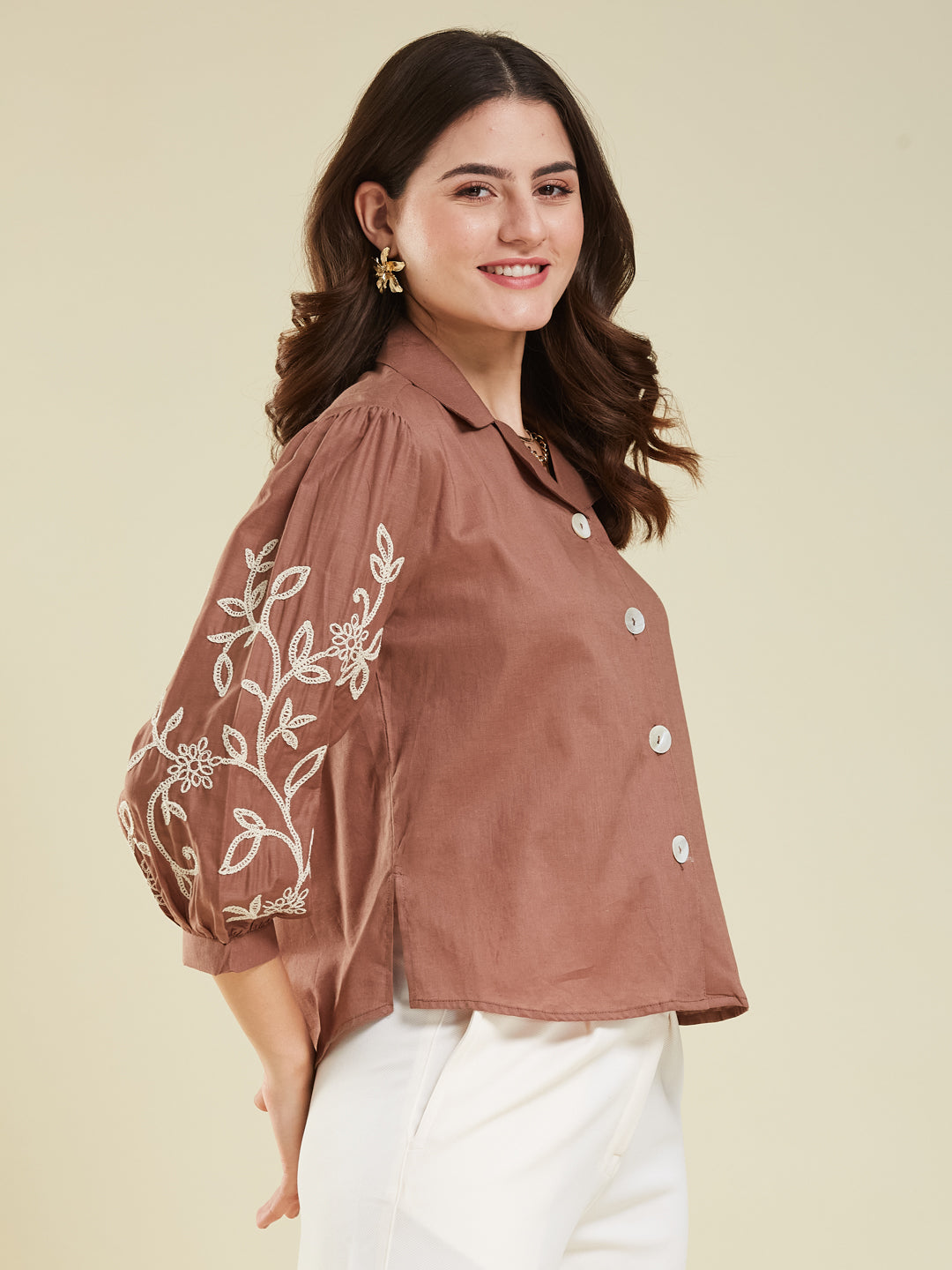Brown Cotton Embroidered Shirt for Women