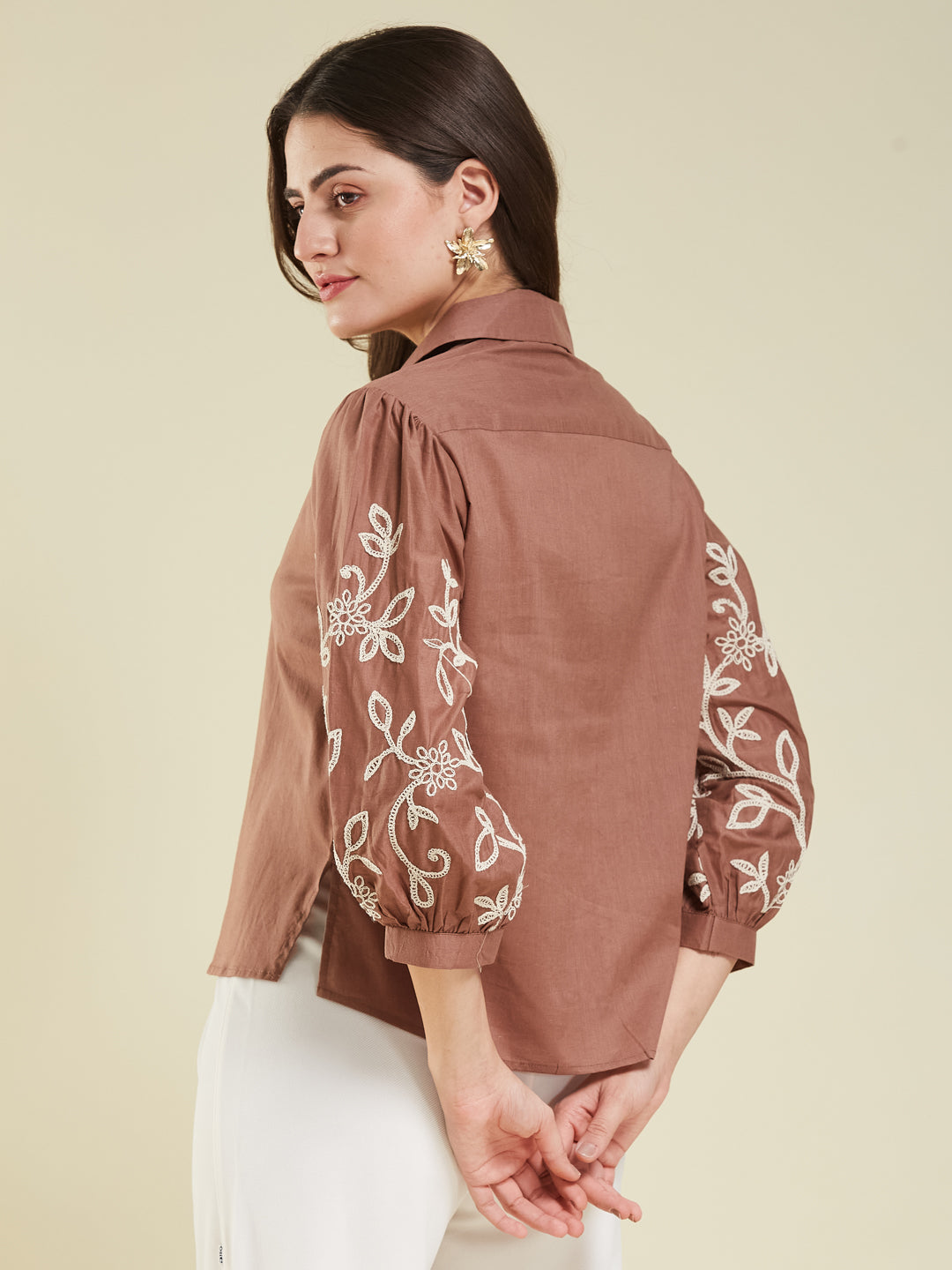Brown Cotton Embroidered Shirt for Women