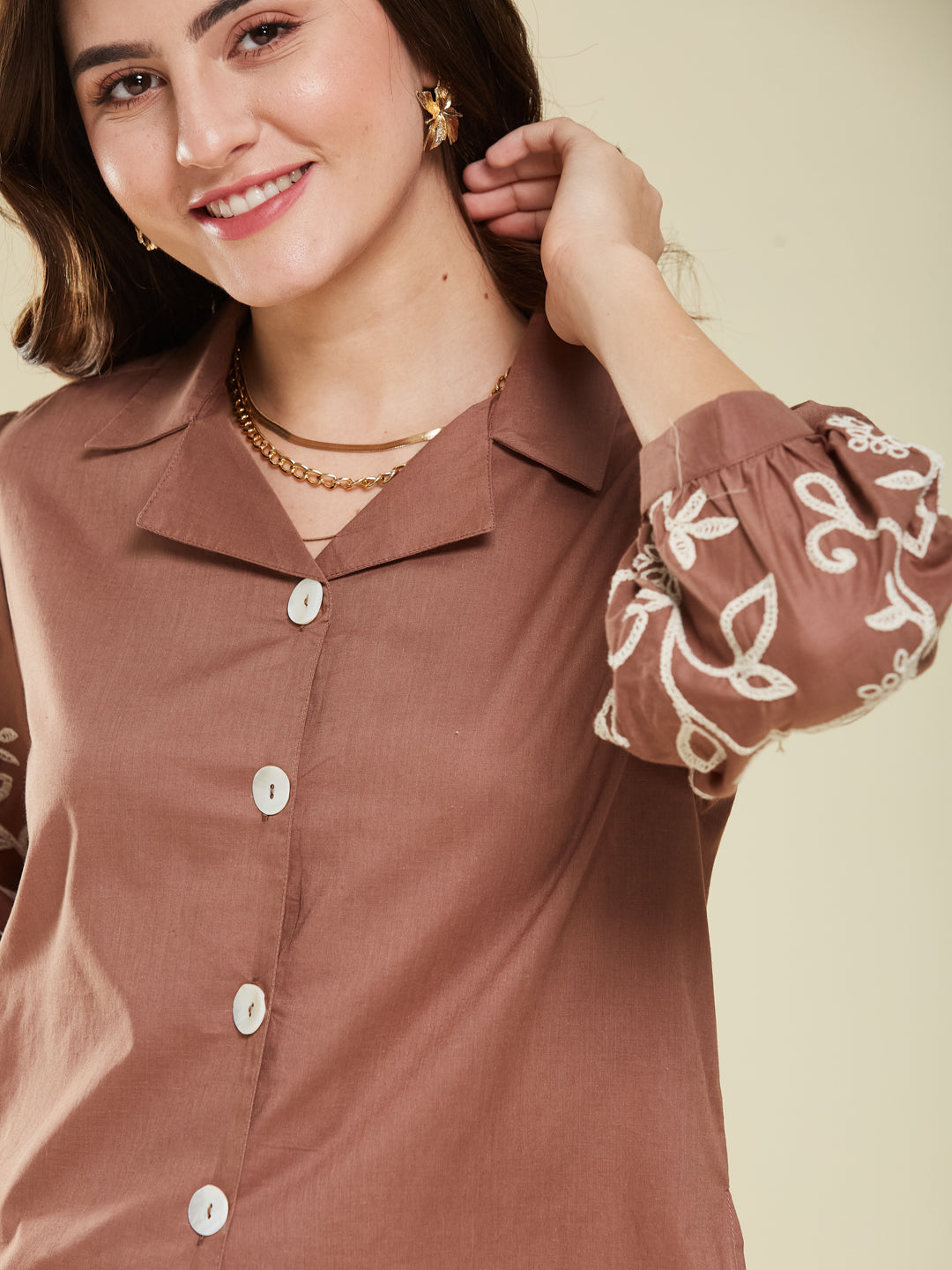 Brown Cotton Embroidered Shirt for Women