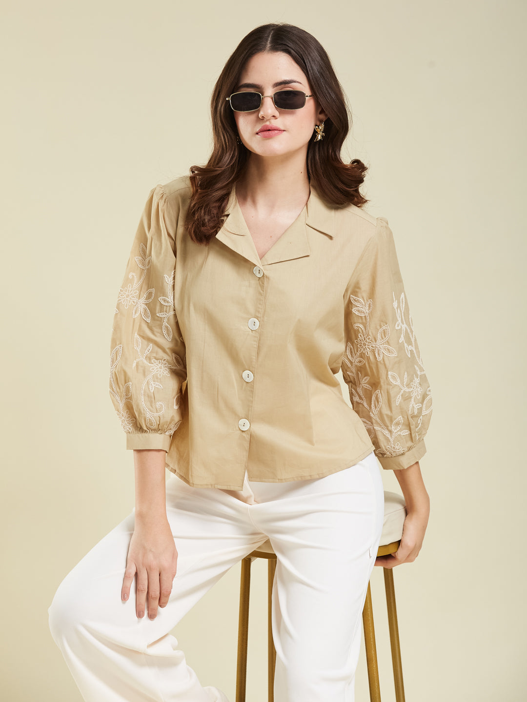 Beige Cotton Embroidered Shirt for Women