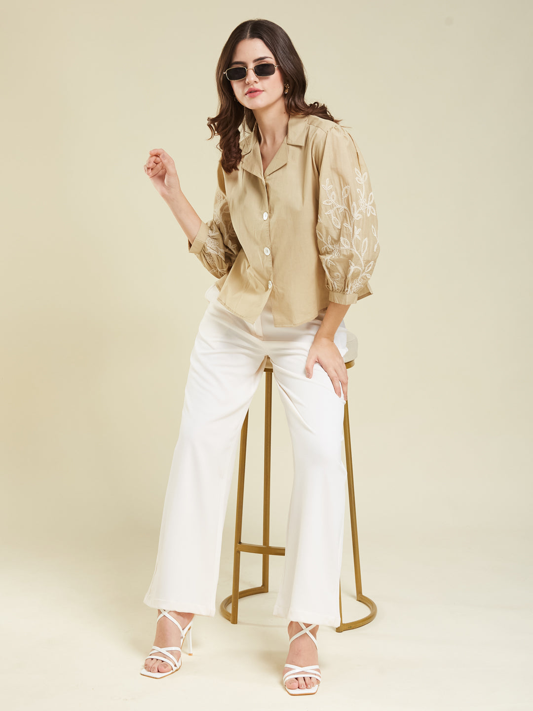 Beige Cotton Embroidered Shirt for Women