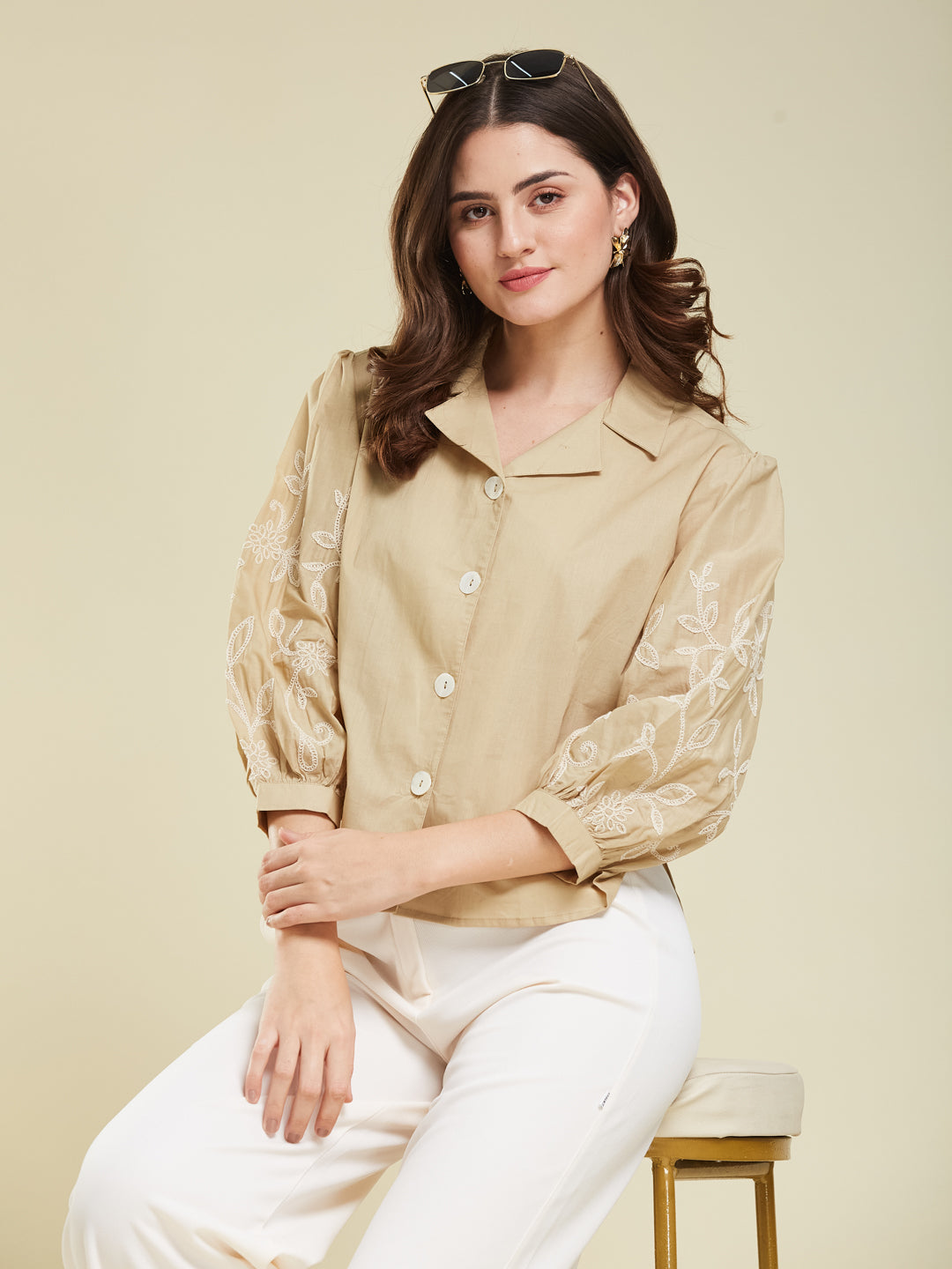 Beige Cotton Embroidered Shirt for Women