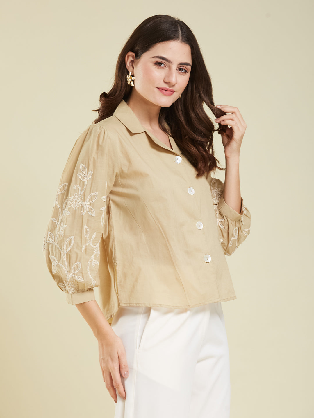 Beige Cotton Embroidered Shirt for Women