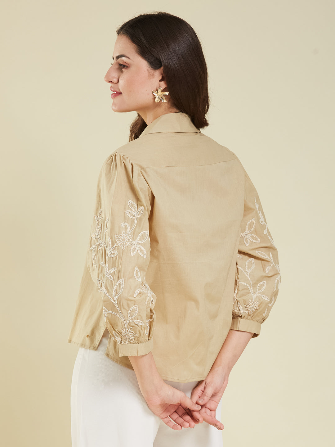 Beige Cotton Embroidered Shirt for Women