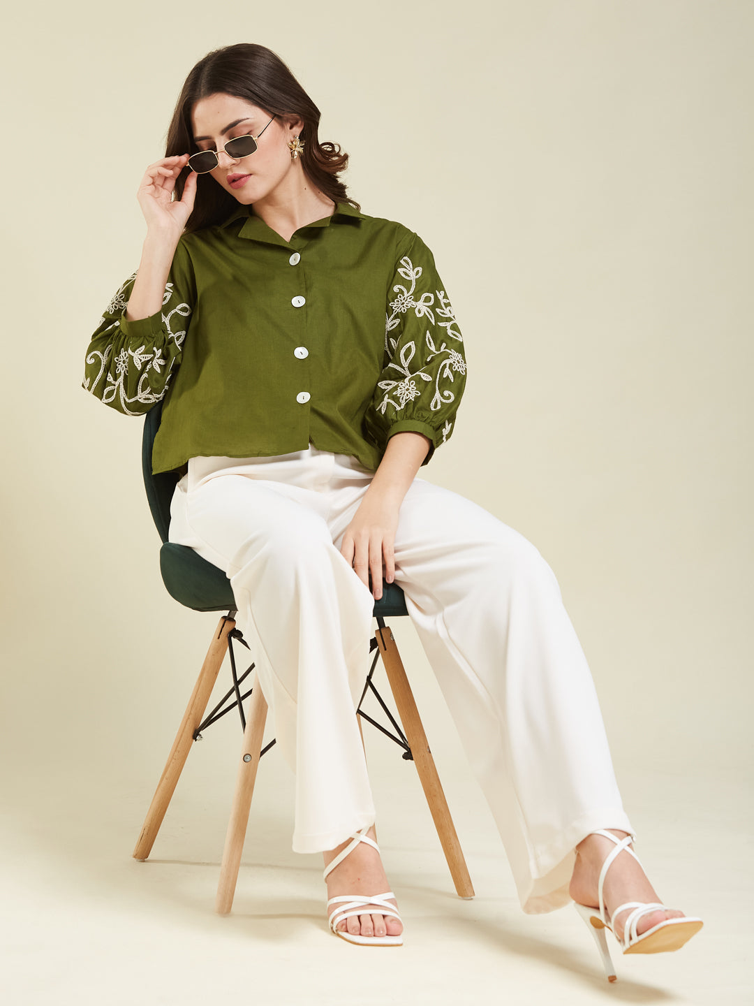 Army Green Cotton Embroidered Shirt for Women