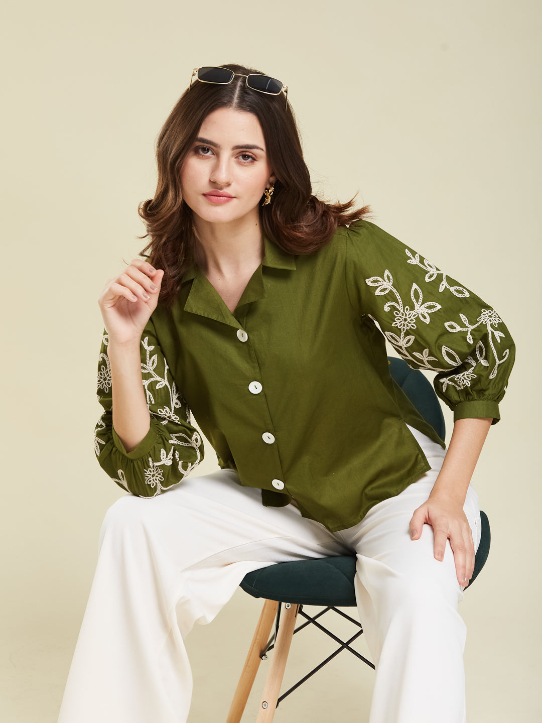 Army Green Cotton Embroidered Shirt for Women