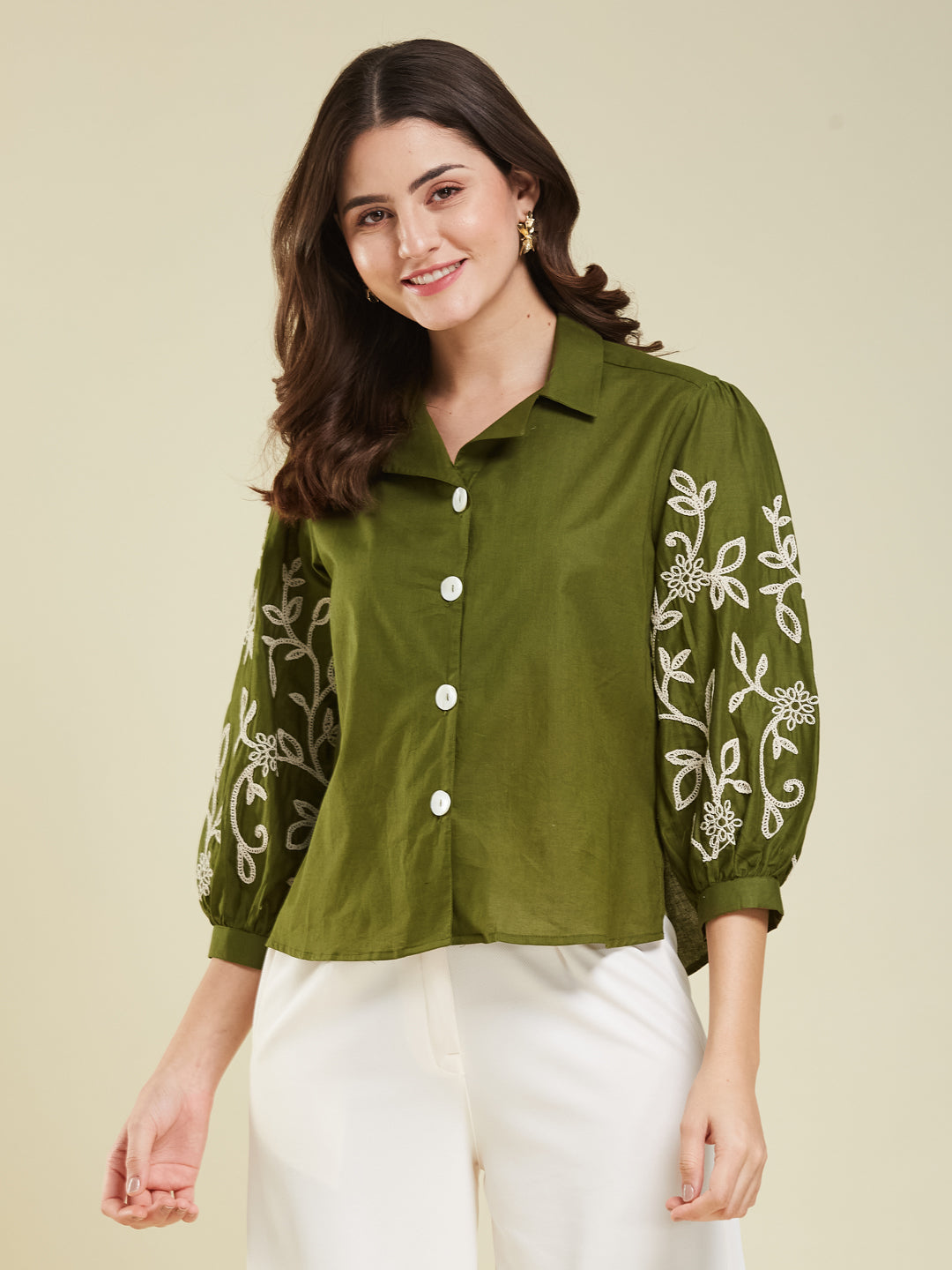 Army Green Cotton Embroidered Shirt for Women