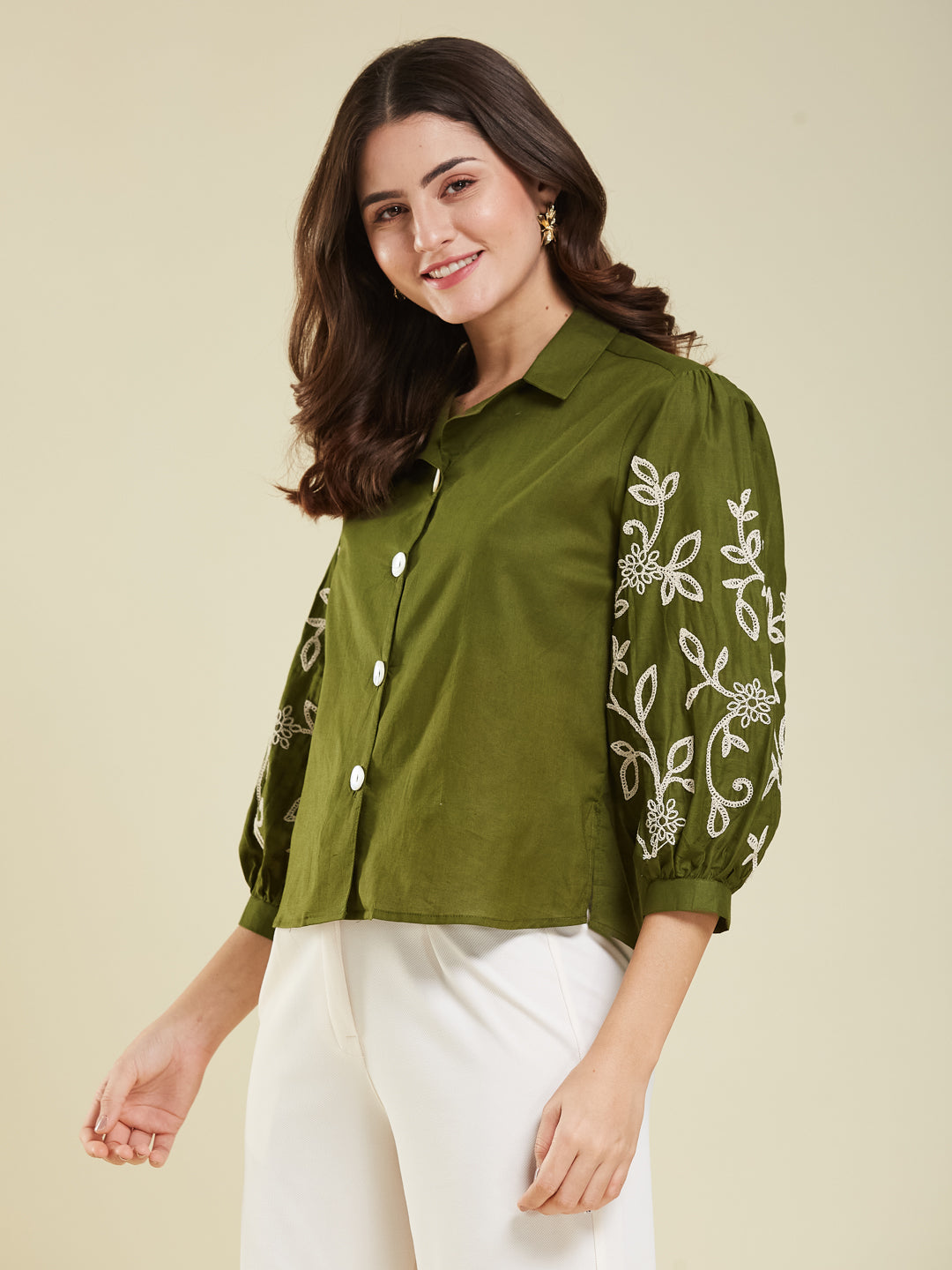 Army Green Cotton Embroidered Shirt for Women