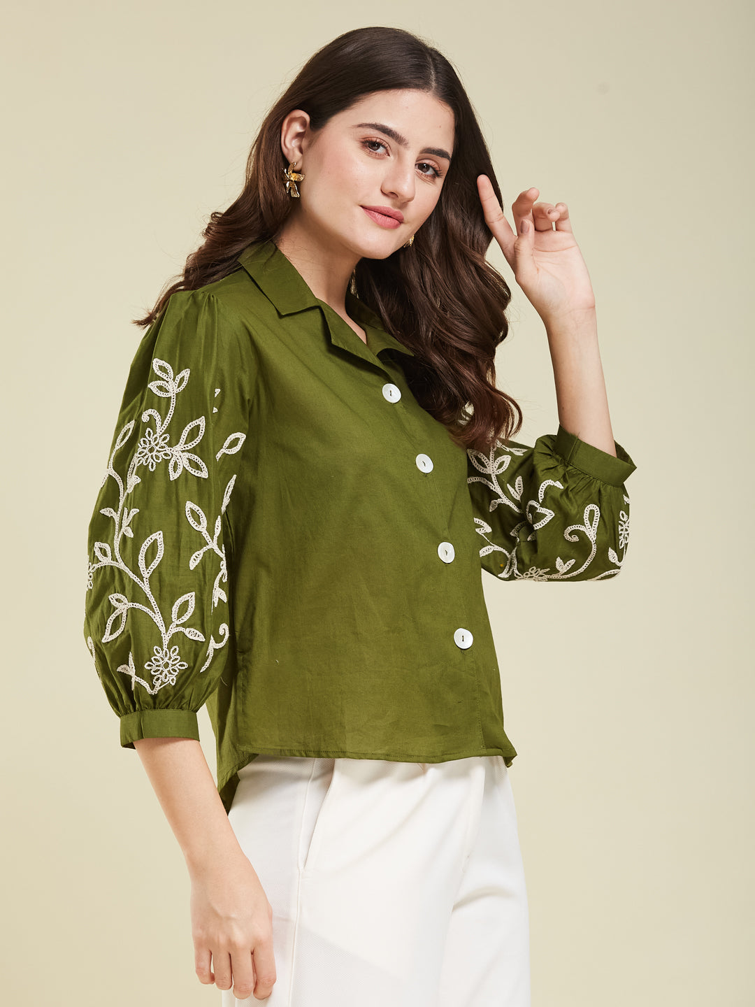 Army Green Cotton Embroidered Shirt for Women