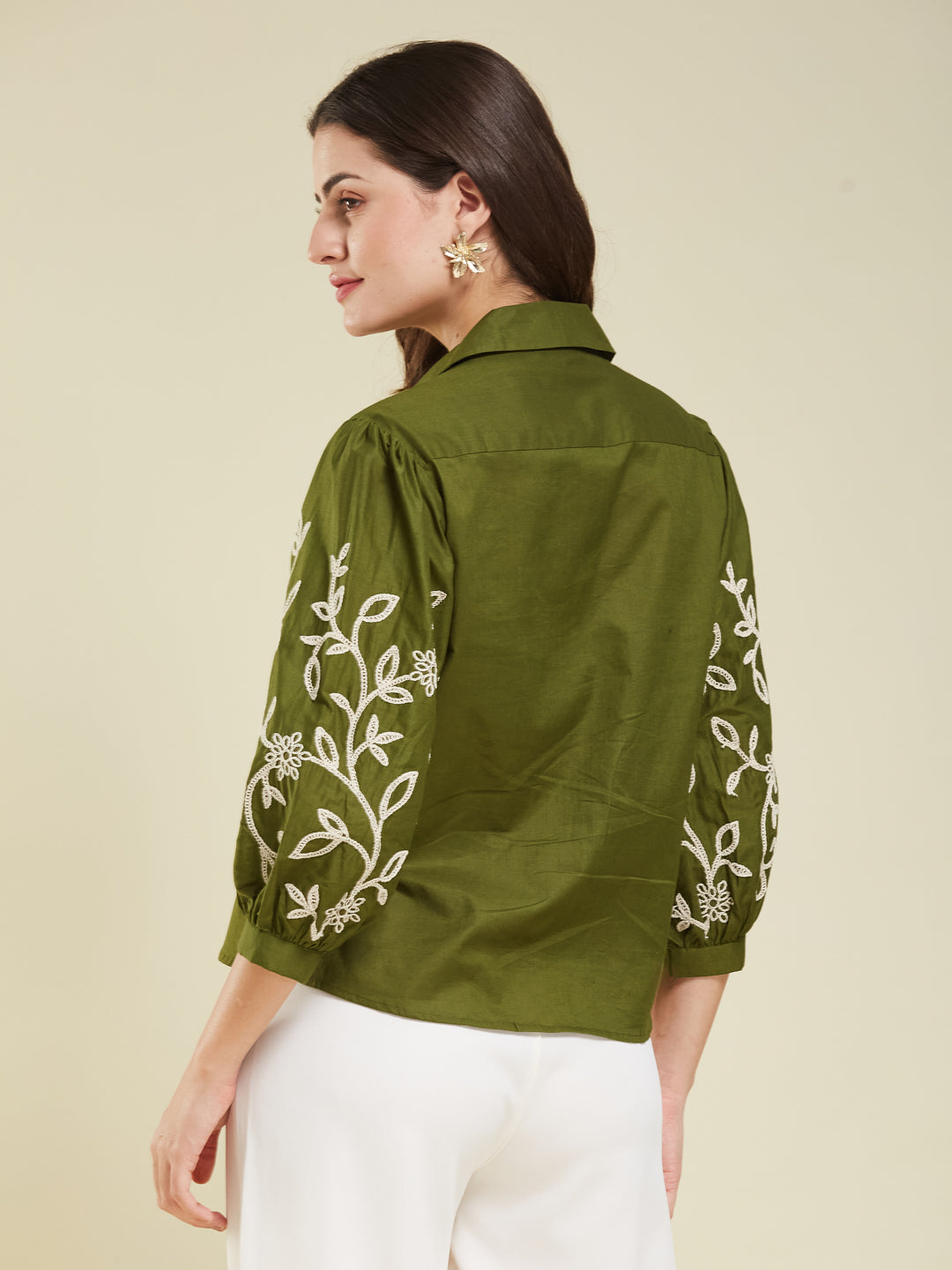 Army Green Cotton Embroidered Shirt for Women