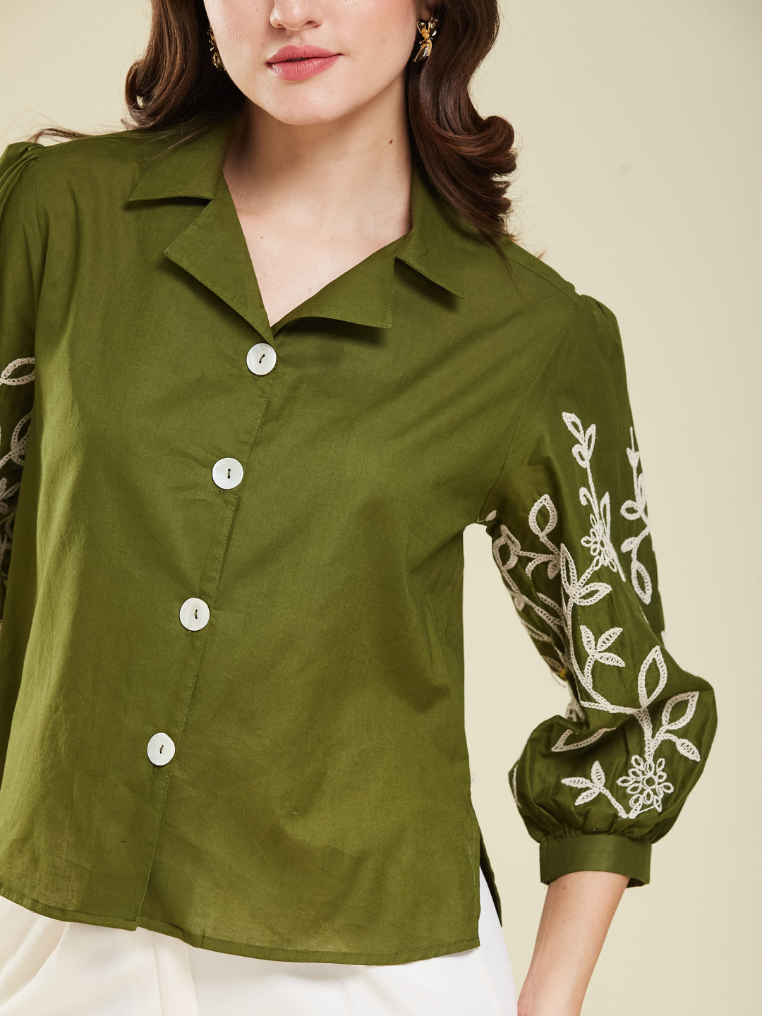 Army Green Cotton Embroidered Shirt for Women
