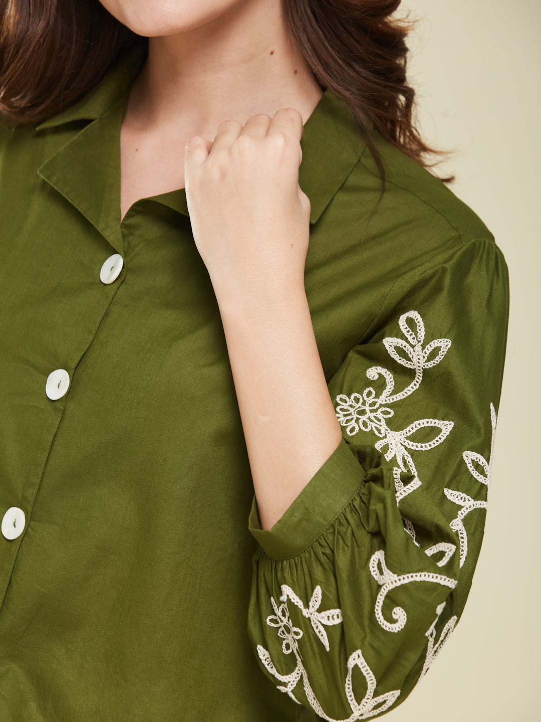 Army Green Cotton Embroidered Shirt for Women
