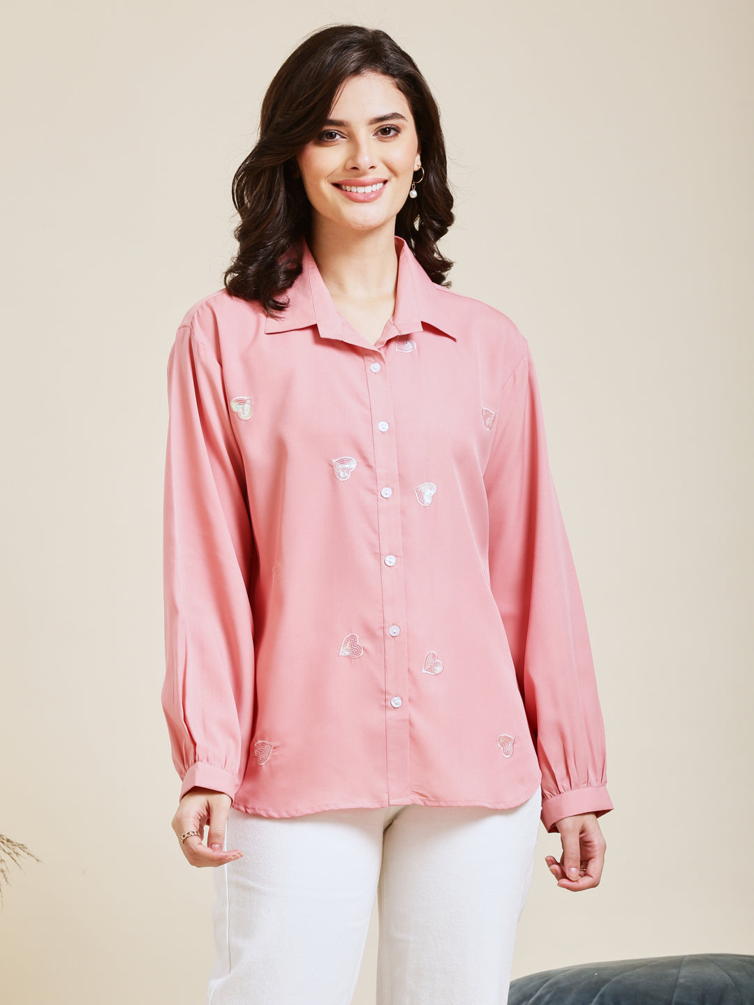 Peach Embroidered Full Sleeves Regular Crepe Shirt