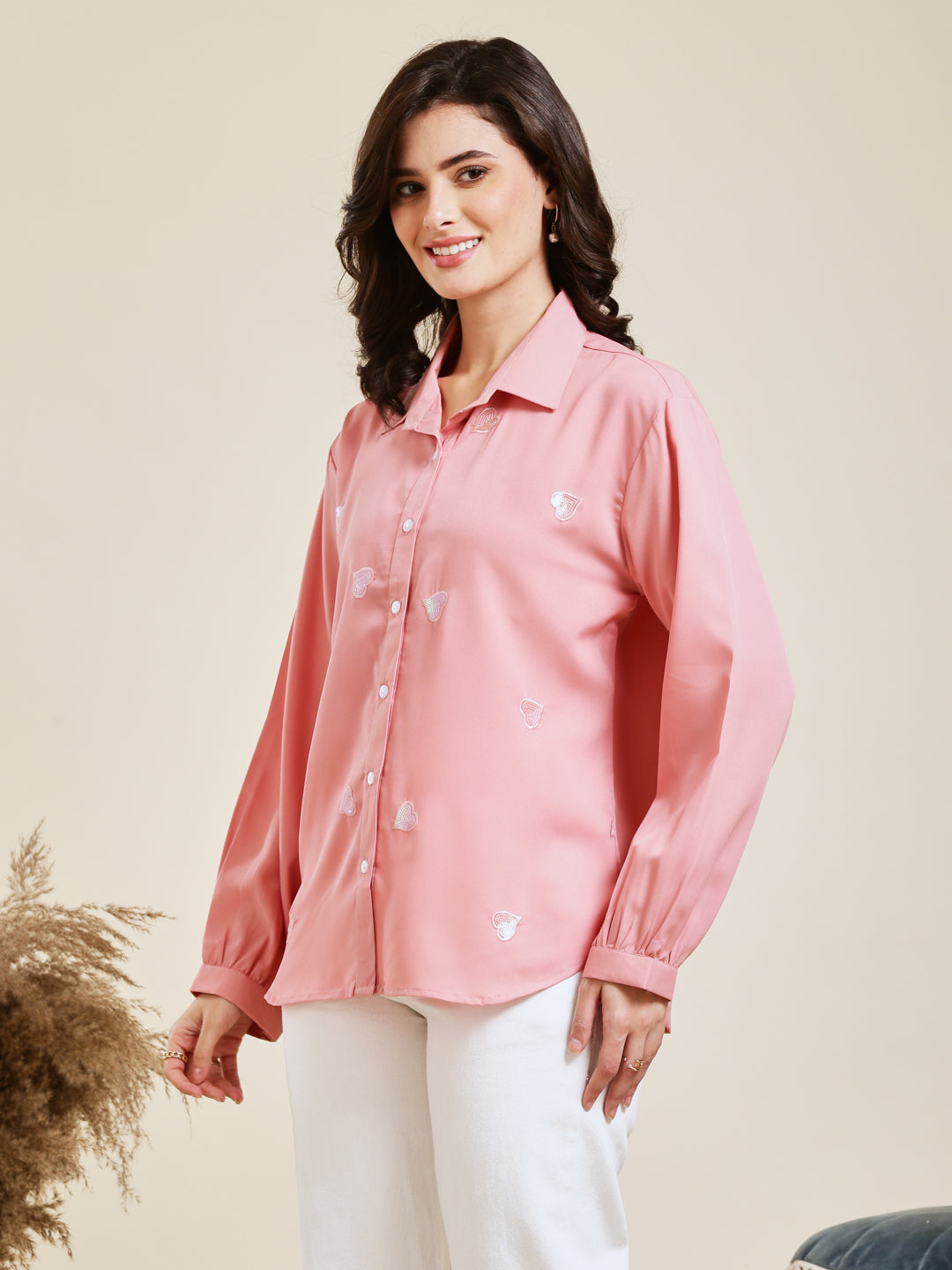 Peach Embroidered Full Sleeves Regular Crepe Shirt