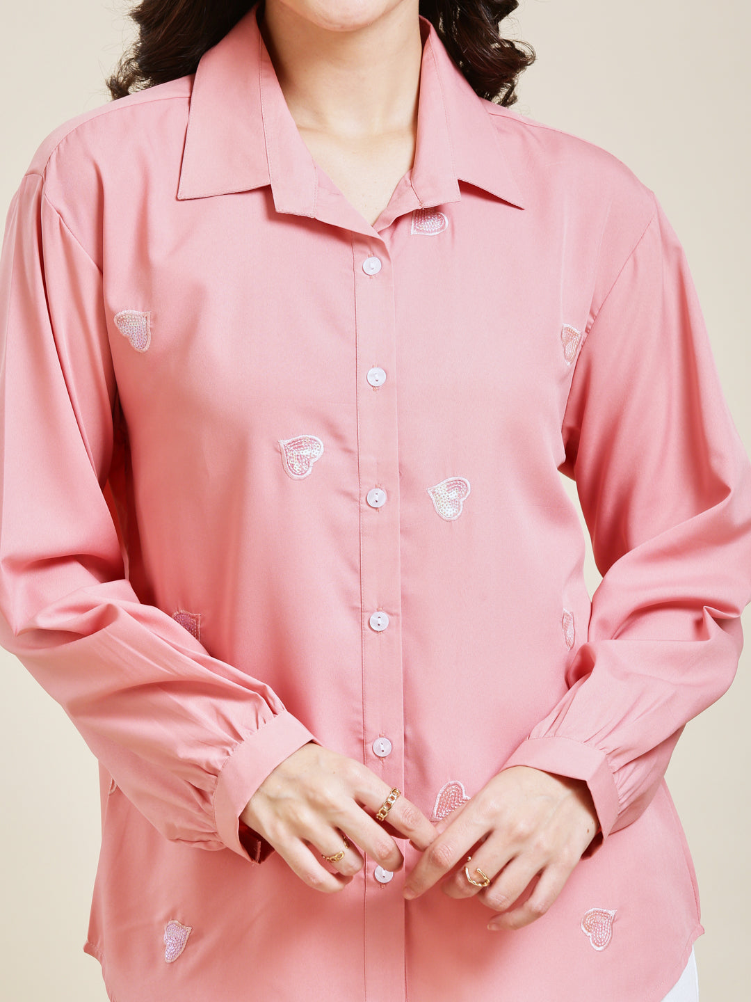 Peach Embroidered Full Sleeves Regular Crepe Shirt