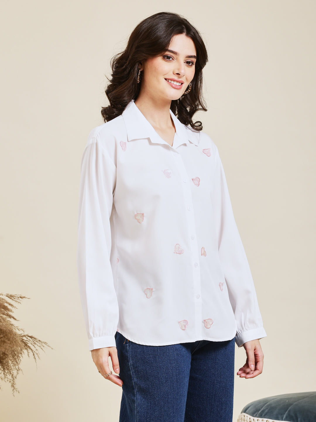 White Embroidered Full Sleeves Regular Crepe Shirt
