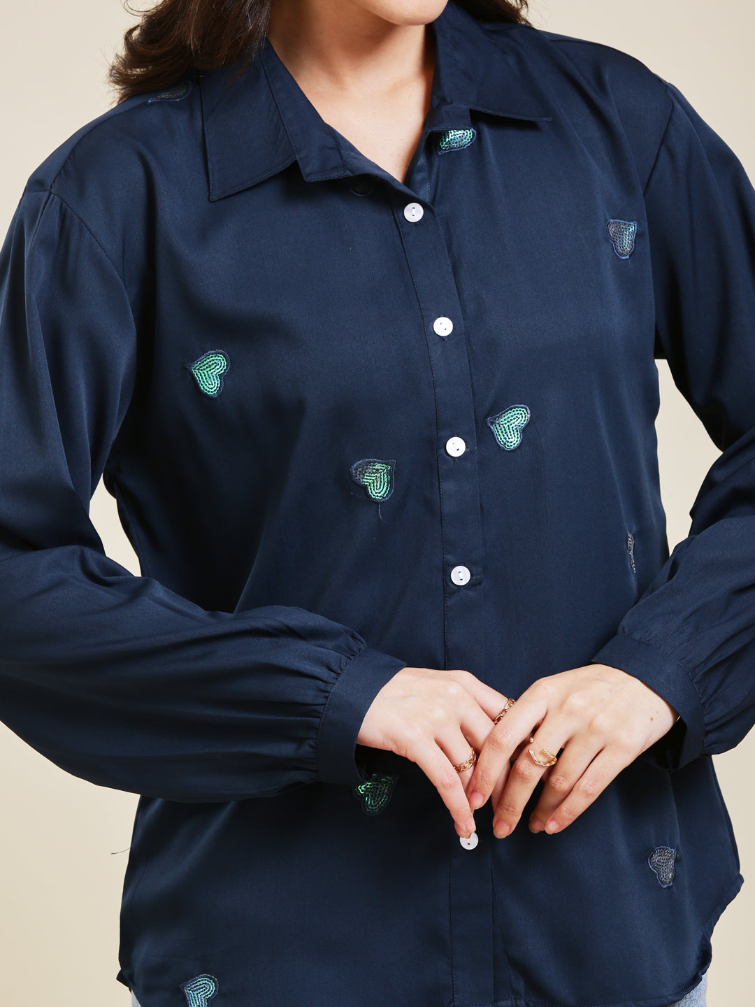 Navy Blue Embroidered Full Sleeves Regular Crepe Shirt