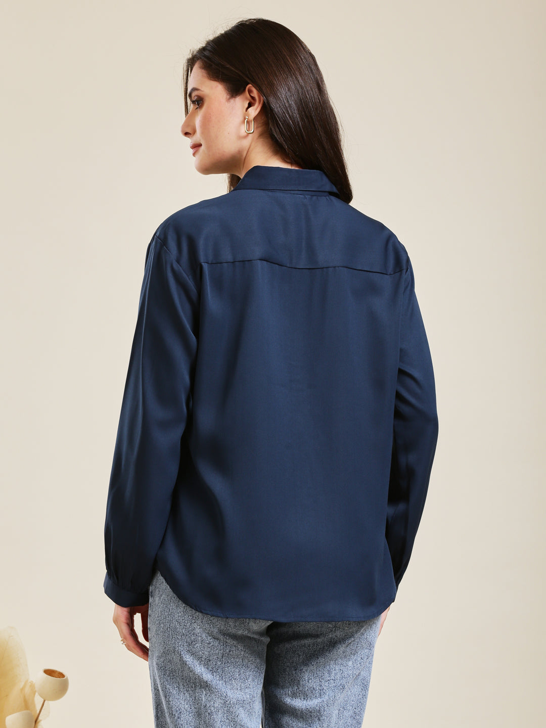 Navy Blue Embroidered Full Sleeves Regular Crepe Shirt