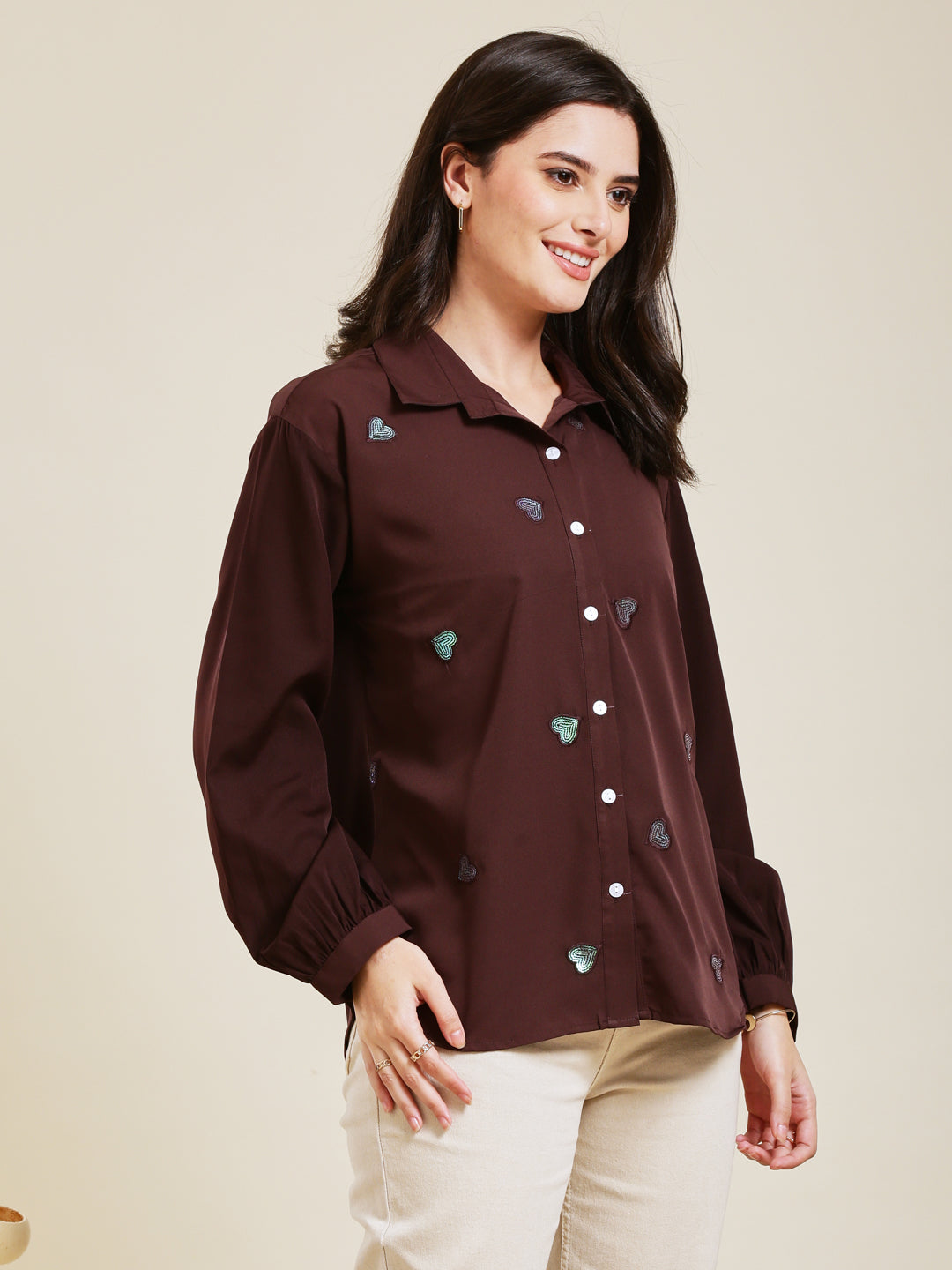 Coffee Embroidered Full Sleeves Regular Crepe Shirt