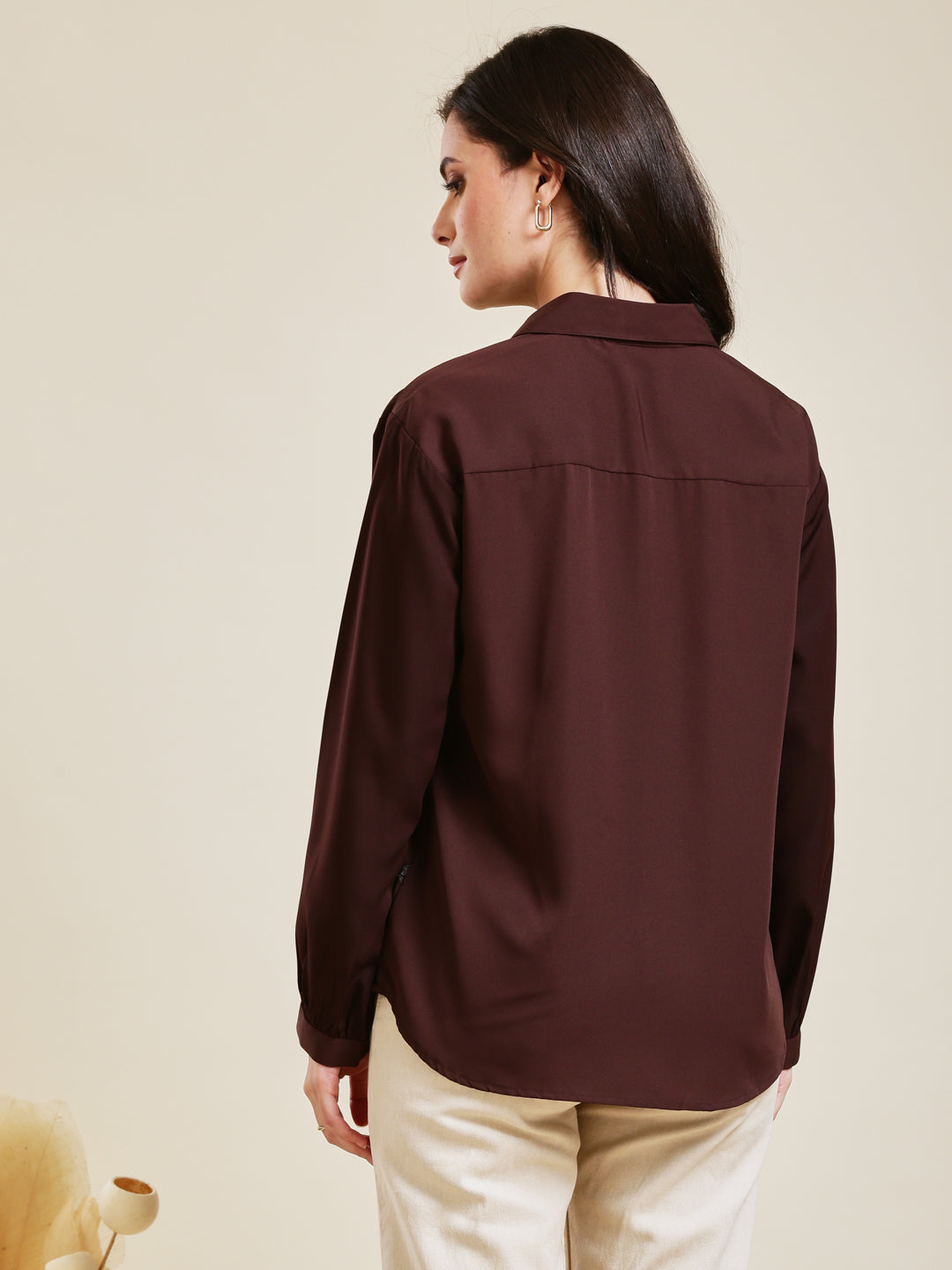 Coffee Embroidered Full Sleeves Regular Crepe Shirt