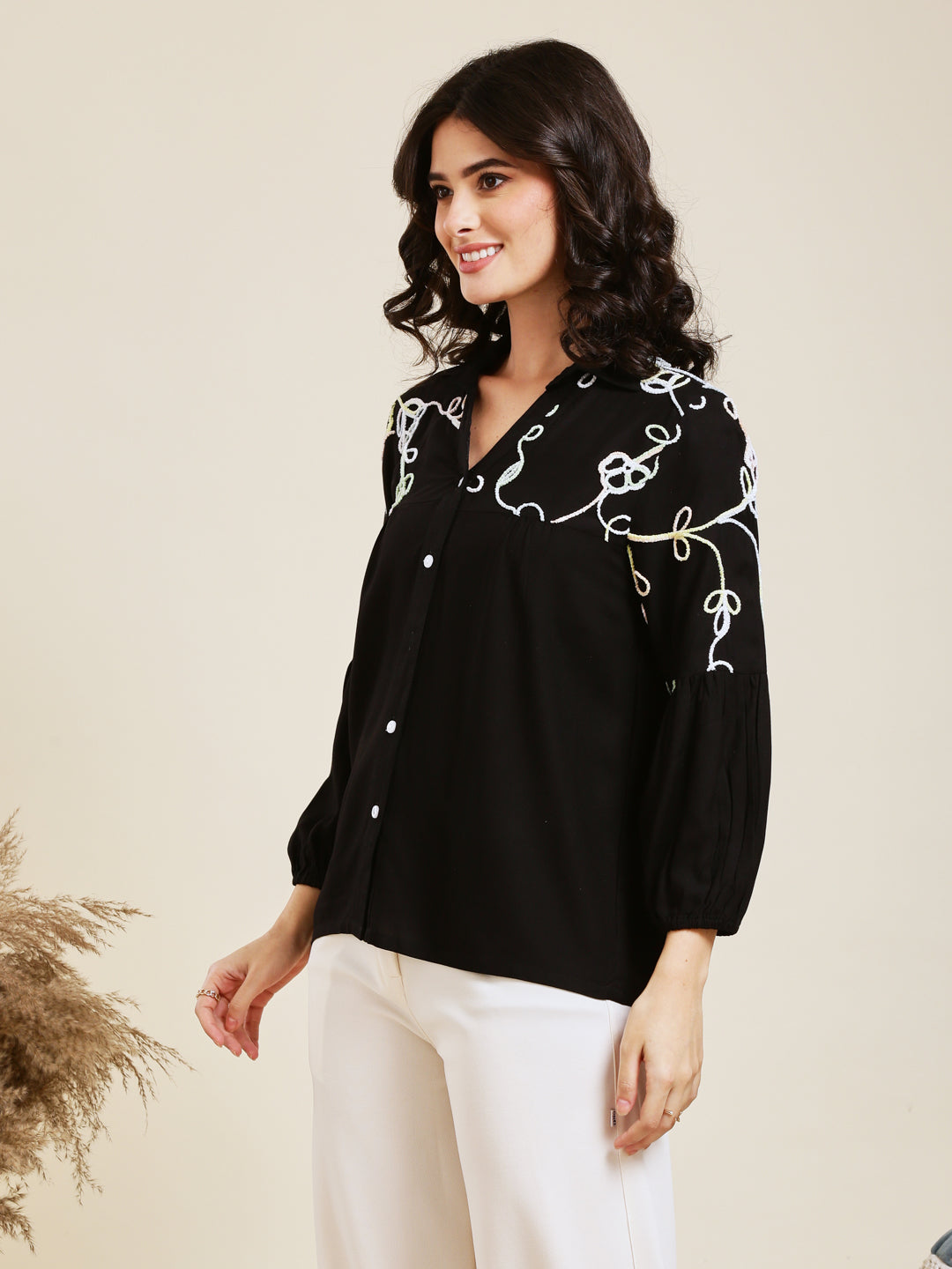 Designer Black Embroidered Rayon Shirt for Women