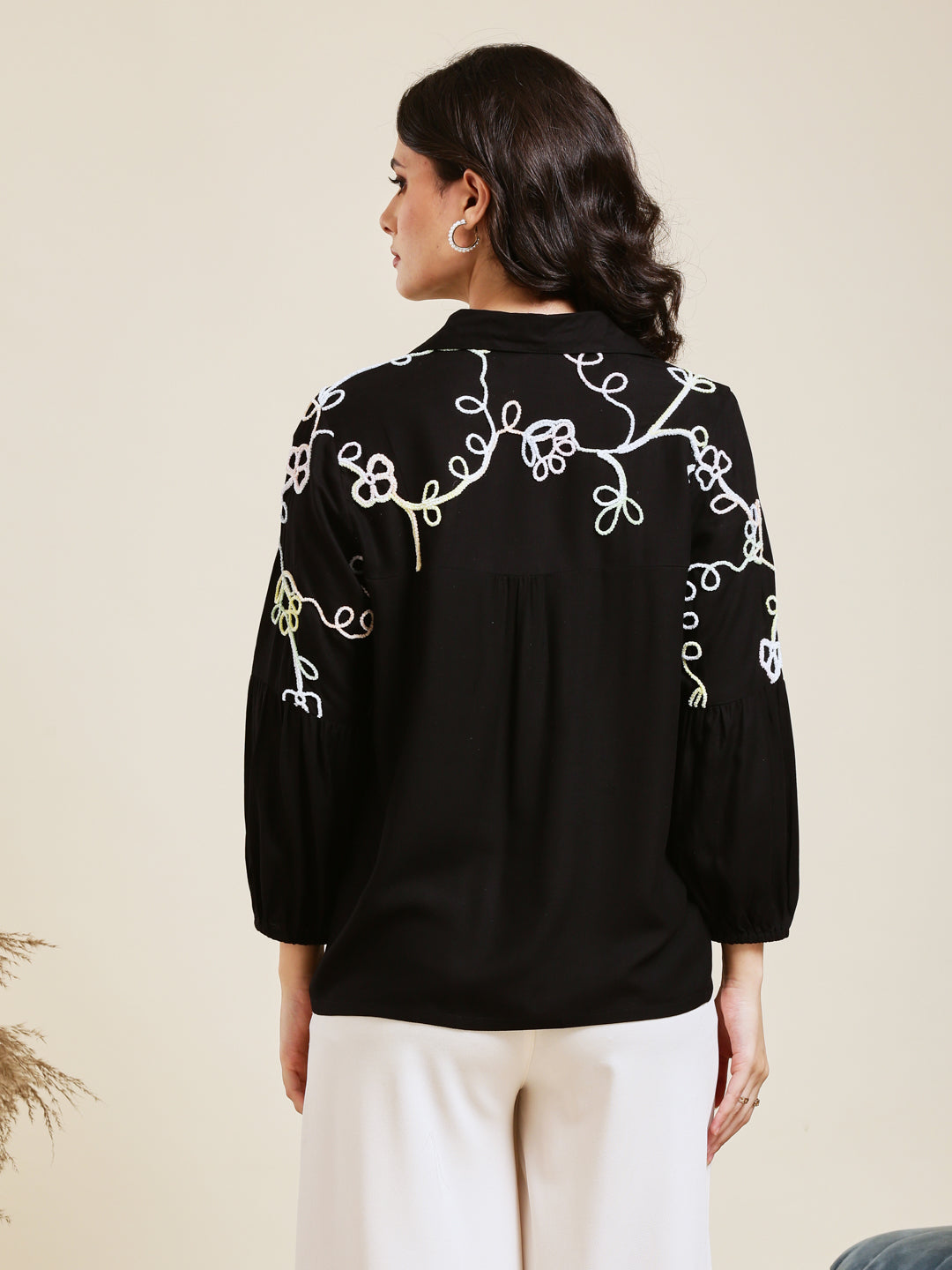 Designer Black Embroidered Rayon Shirt for Women
