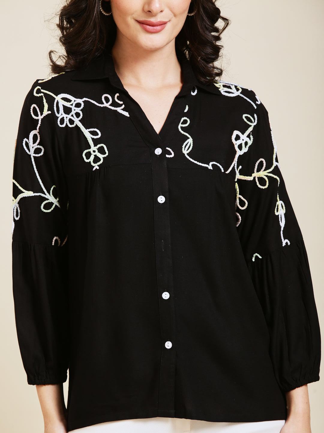 Designer Black Embroidered Rayon Shirt for Women