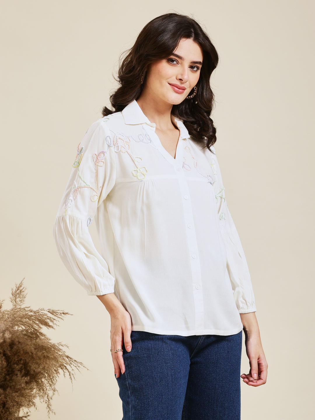 Designer White Embroidered Rayon Shirt for Women