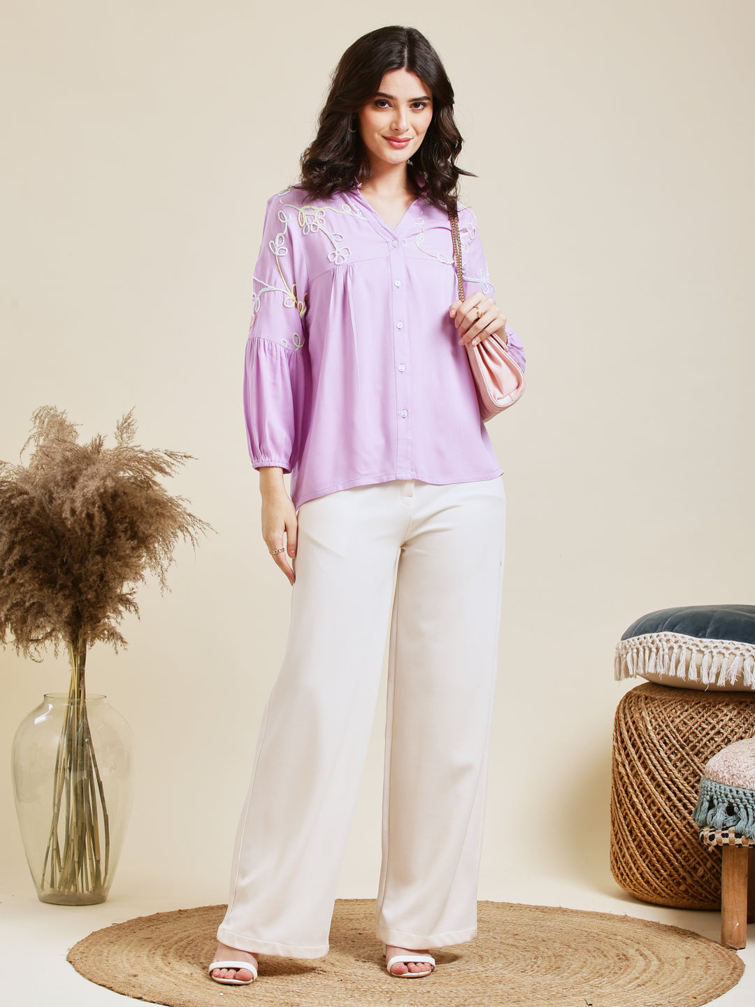 Designer Lavender Embroidered Rayon Shirt for Women