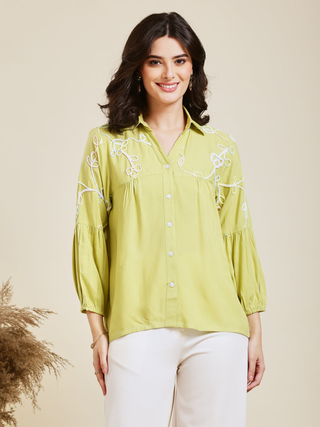 Designer Pista Embroidered Rayon Shirt for Women