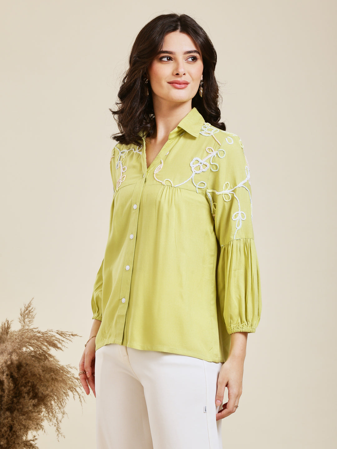 Designer Pista Embroidered Rayon Shirt for Women