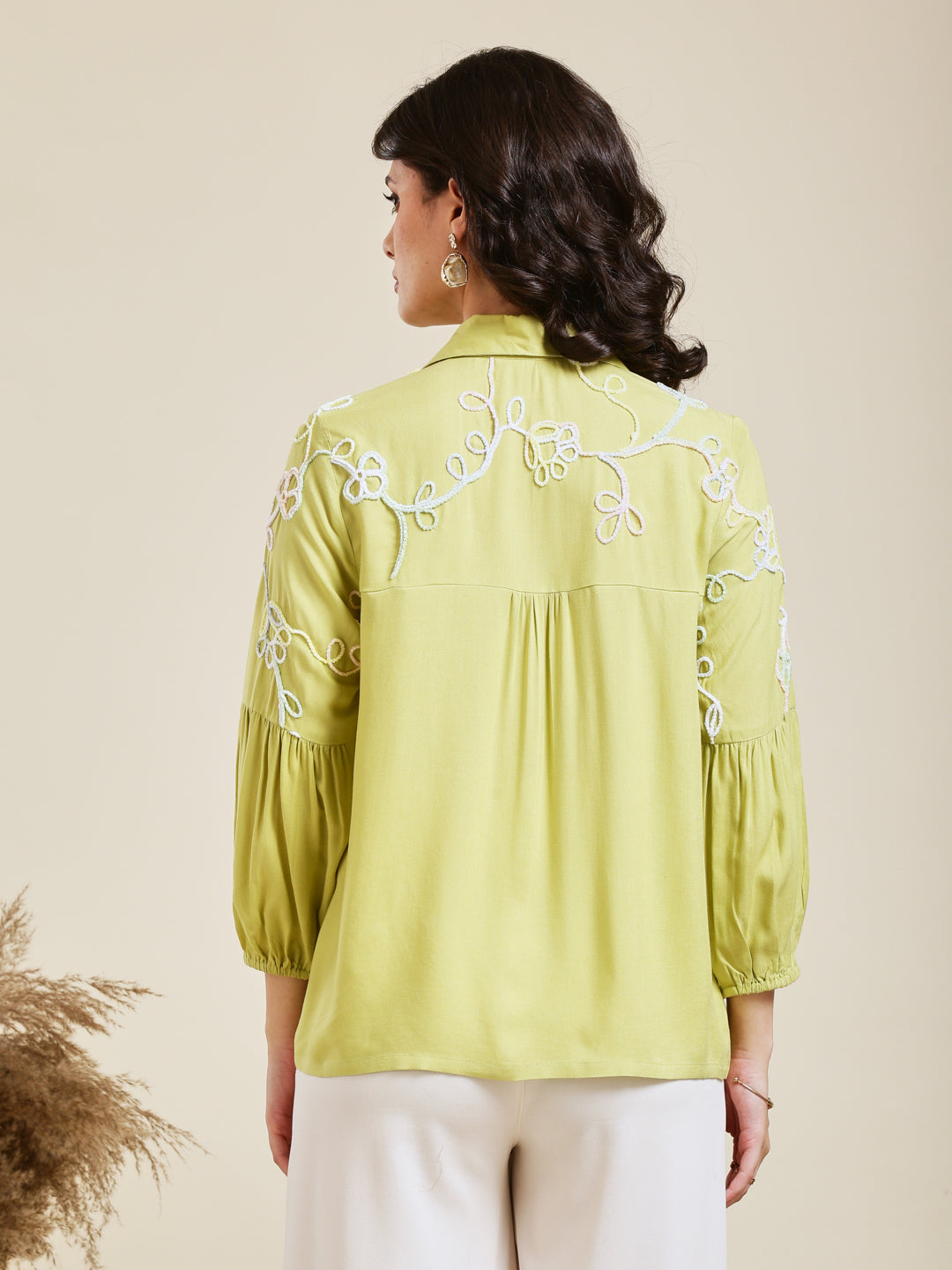 Designer Pista Embroidered Rayon Shirt for Women