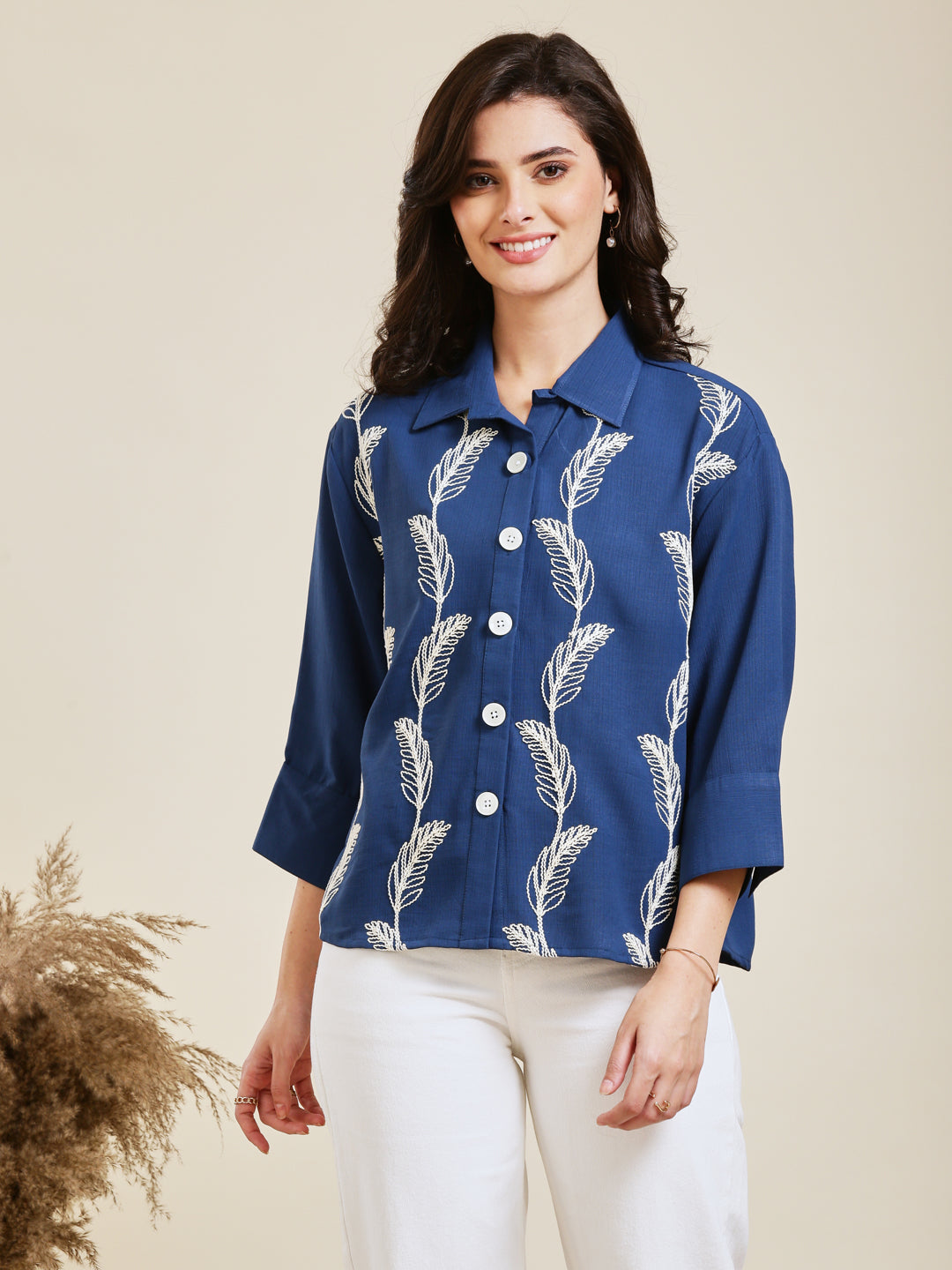 Royal Blue Embroidered Viscose Blend Shirt for Women