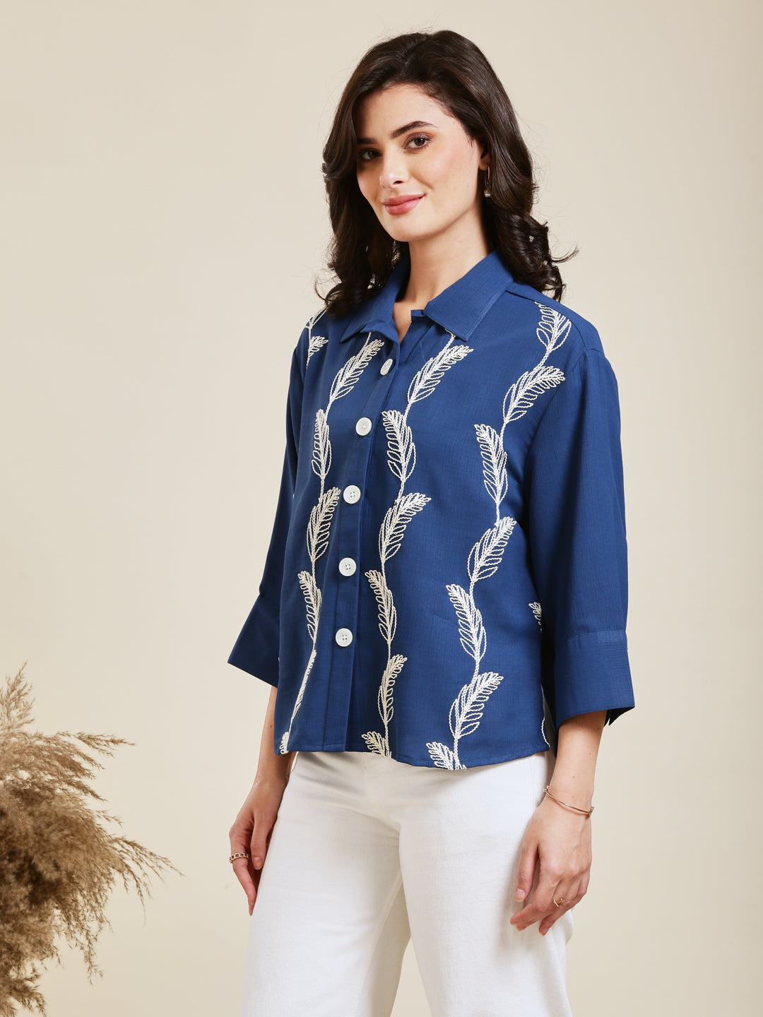 Royal Blue Embroidered Viscose Blend Shirt for Women