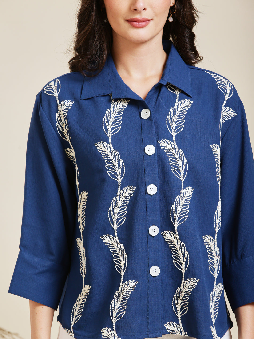 Royal Blue Embroidered Viscose Blend Shirt for Women