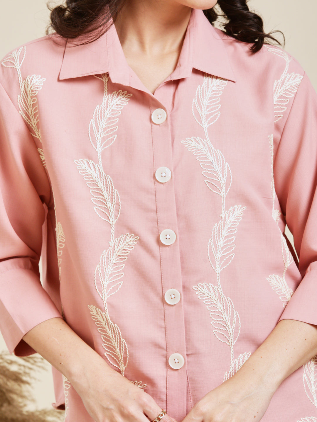 Baby Pink Embroidered Viscose Blend Shirt for Women