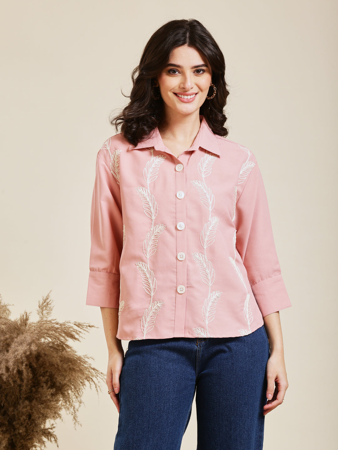 Baby Pink Embroidered Viscose Blend Shirt for Women