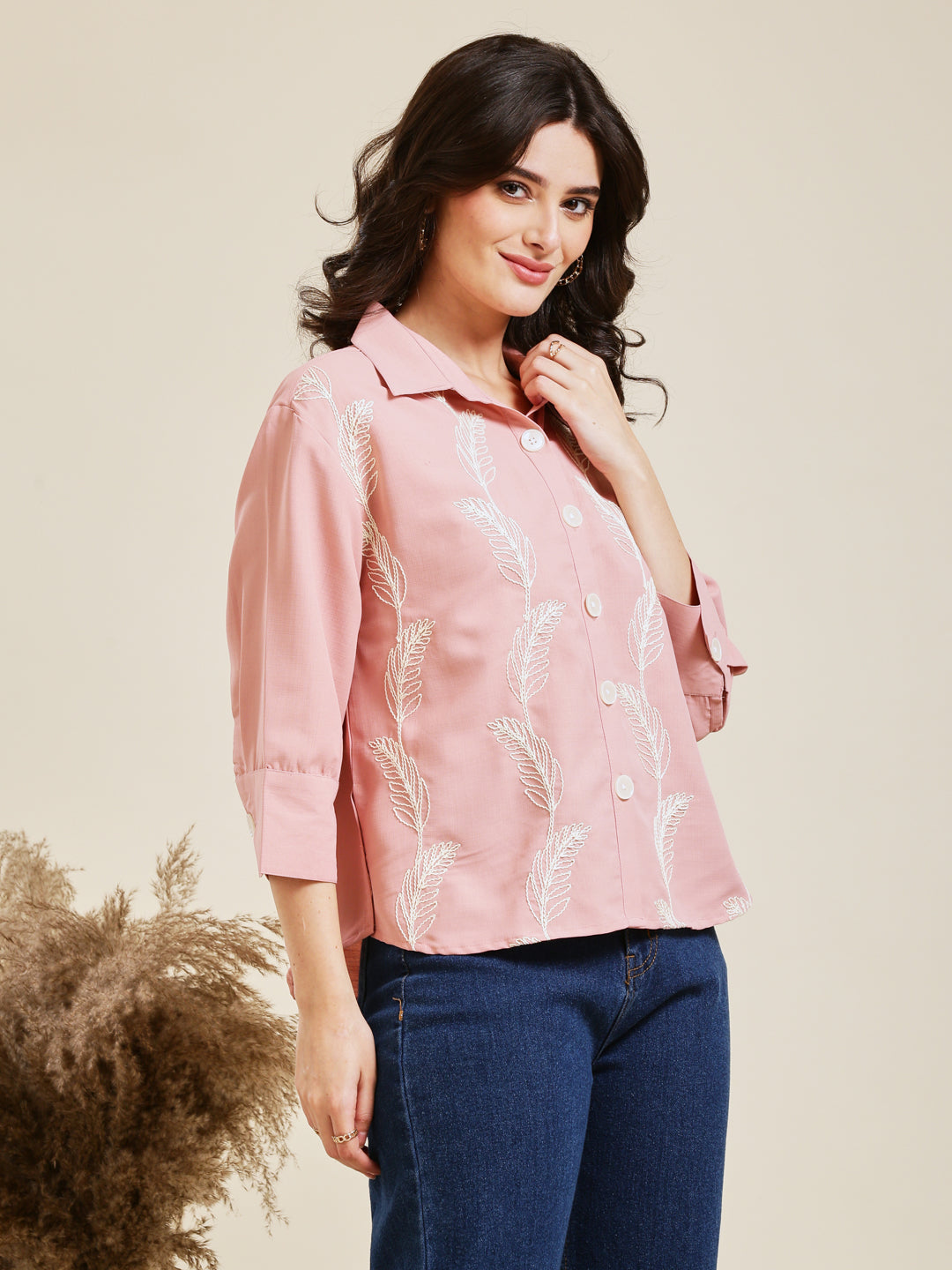 Baby Pink Embroidered Viscose Blend Shirt for Women