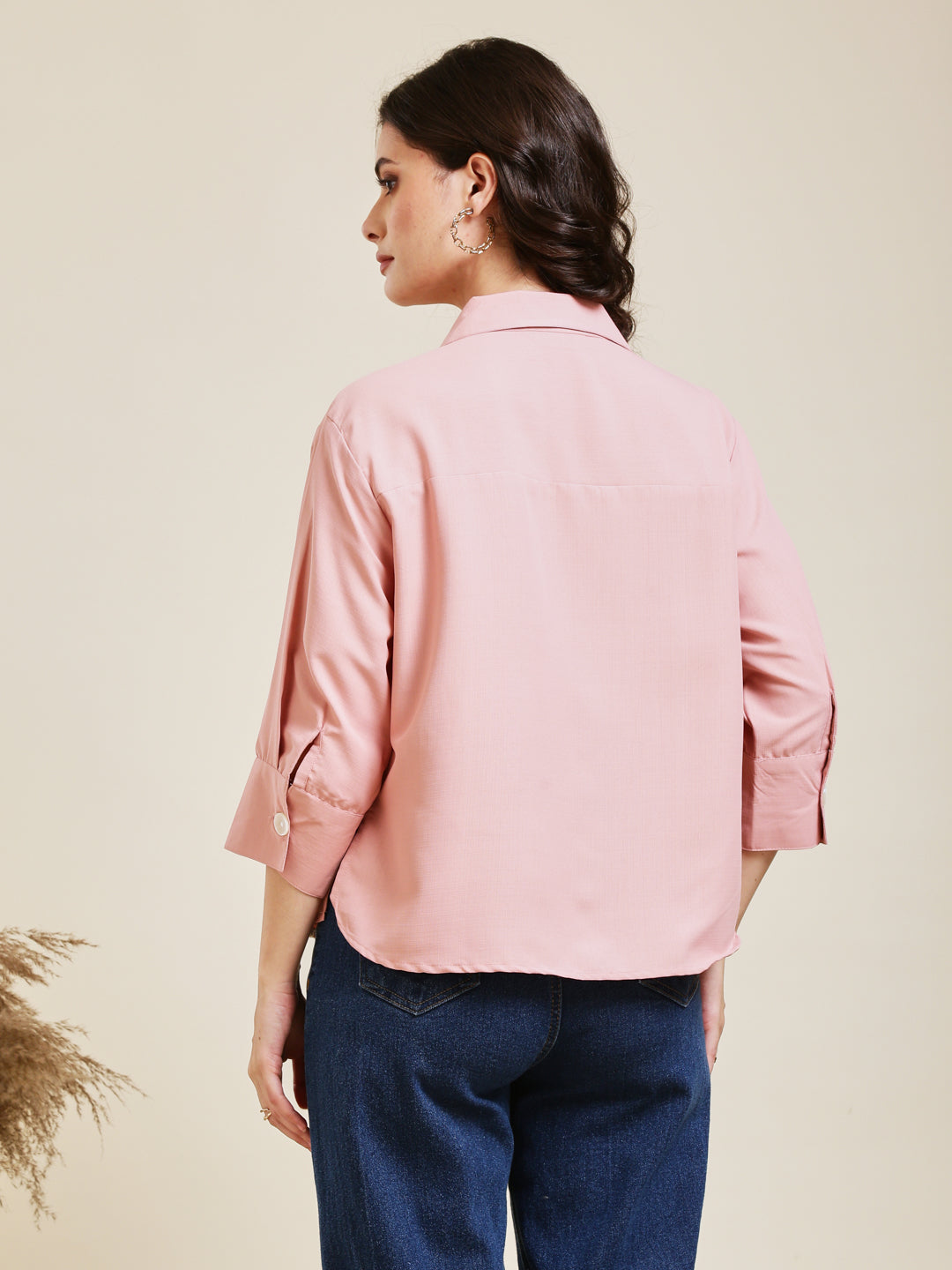Baby Pink Embroidered Viscose Blend Shirt for Women
