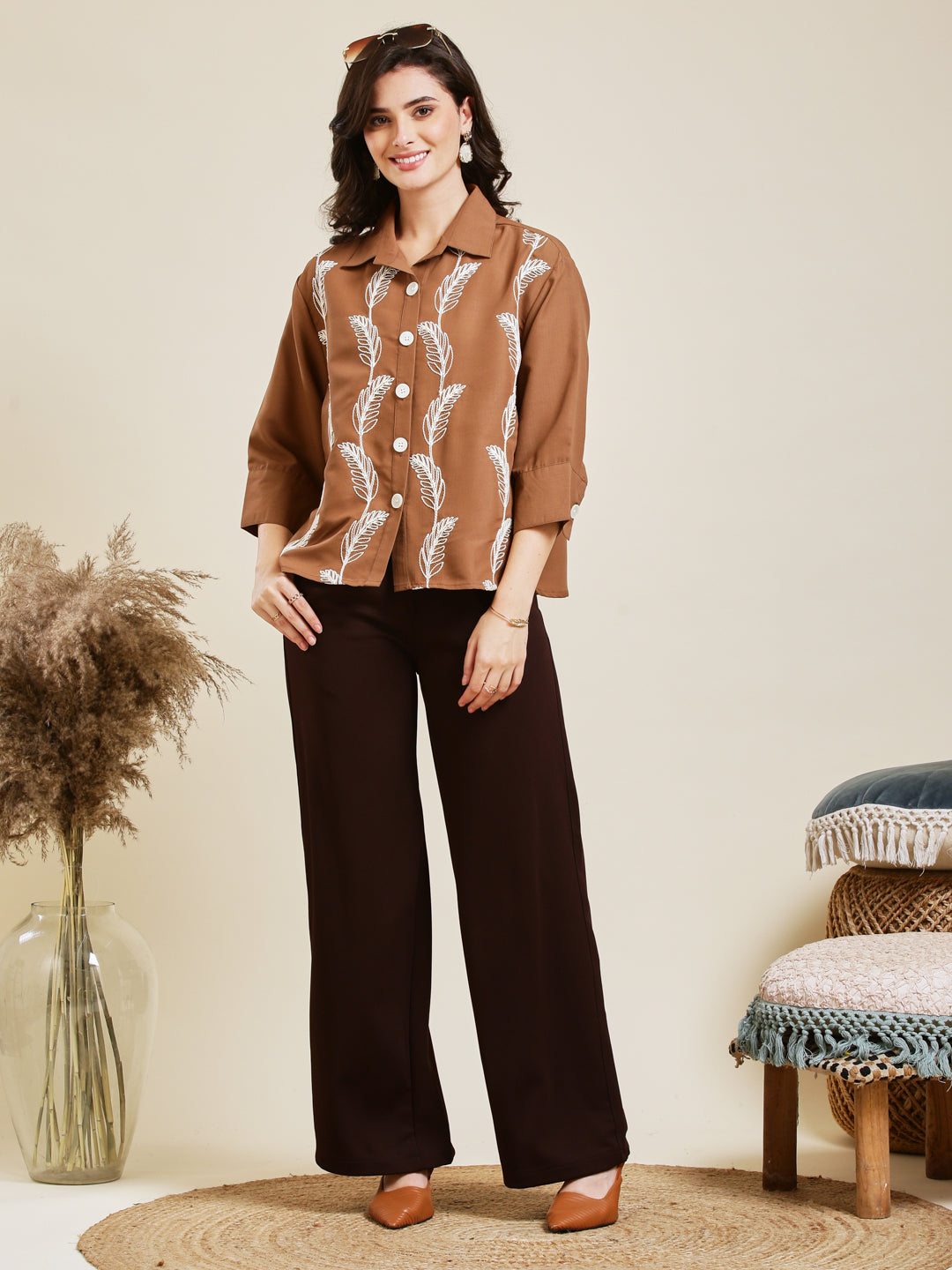 Caramel Embroidered Viscose Blend Shirt for Women